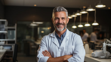 Portrait of confident mature male doctor standing with arms crossed in clinicの素材