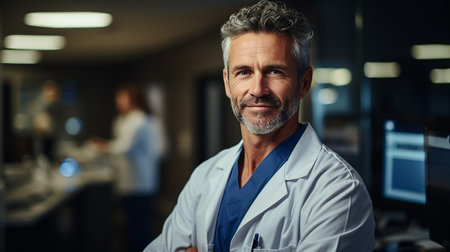 Portrait of confident mature male doctor standing with arms crossed in hospitalの素材