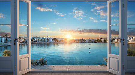 View from the open door to the sea and the city of Rhodes