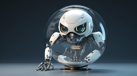 Robot in a glass sphere. 3D illustration. 3D CG. High resolution.の写真素材