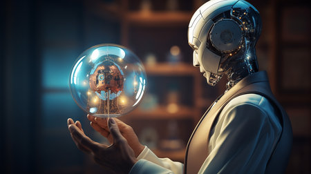 Astronaut holding a crystal ball with planet. 3d renderingの素材