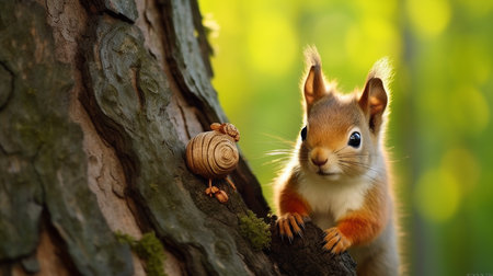 Squirrel in the forest on a tree with a snail in its pawsの写真素材