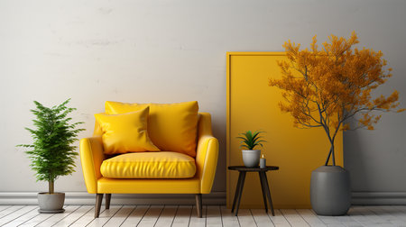 yellow armchair in modern living room with yellow wall and plant - 3d renderingの写真素材