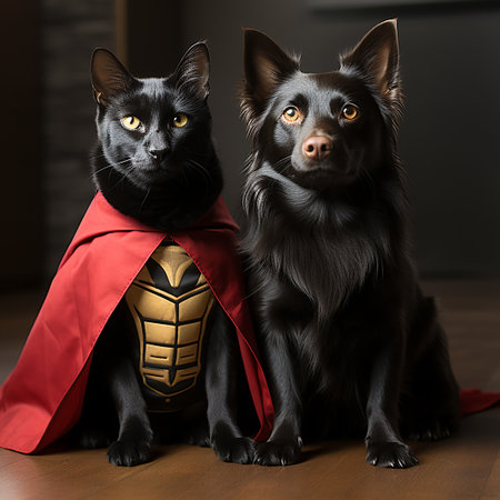 Superhero black cat and dog in red cape. Concept of power and strength.の素材