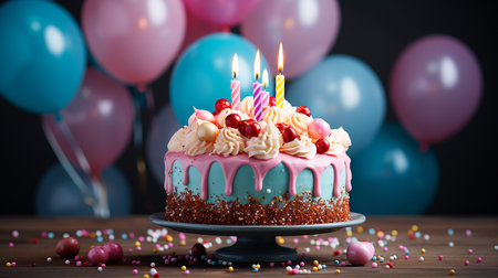 Birthday cake with candles and balloons on wooden table, closeupの写真素材