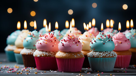 Birthday cupcakes with burning candles on wooden background, closeupの写真素材