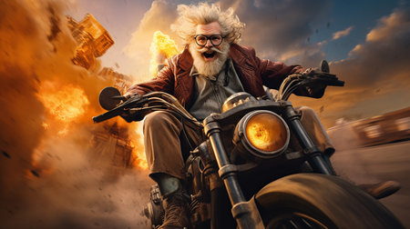 Portrait of a senior man biker sitting on a motorcycle.の素材