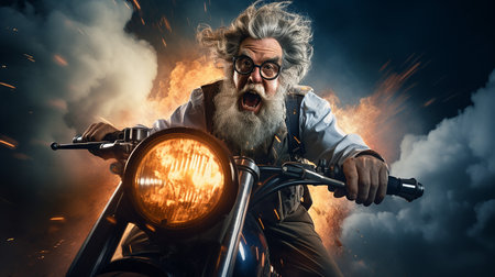 Funny old man riding a motorcycle on a smokey background.の素材