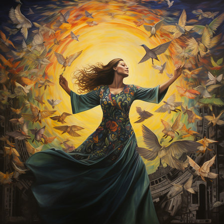 Beautiful young woman in a long green dress among flying butterflies.の素材