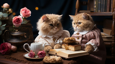 Two cats sitting at the bookshelf with books, coffee and cookiesの写真素材