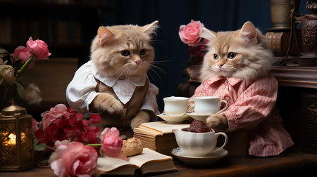 Cute kittens with books and cup of tea on table in roomの写真素材