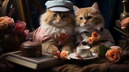Cute persian cat in a cap with a book and a cup of coffeeの写真素材