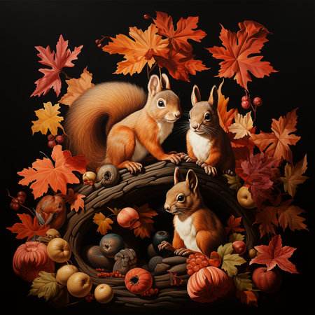 Autumn background with squirrels, pumpkins, acorns and leavesの素材