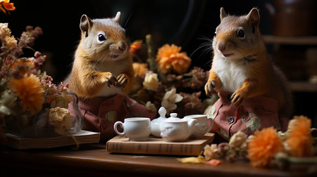 Squirrels sitting on a table with tea cups and books.の写真素材