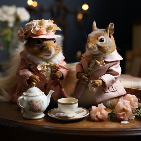 Two cute squirrels sitting on the table with a cup of teaの素材