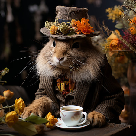 Easter bunny in a hat with a cup of coffee and flowersの素材