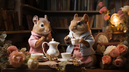 Cute couple of hamsters drinking coffee in a cozy room.の素材