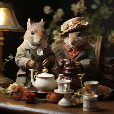 Squirrels, in vintage style with old books and tea potの素材