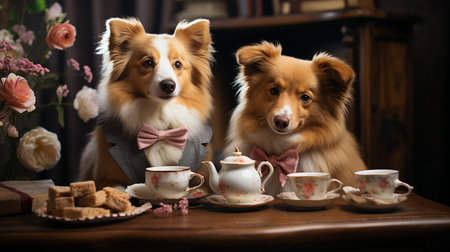 Two cute dogs with a cup of tea and cookies on the tableの素材