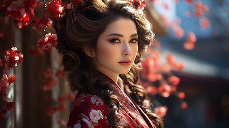 beautiful young woman in chinese kimono with cherry blossomの素材