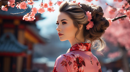 Portrait of a beautiful young woman in a red kimono at cherry blossom time.の素材