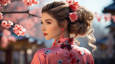 Portrait of a beautiful young woman in a red kimono at cherry blossom time.の素材