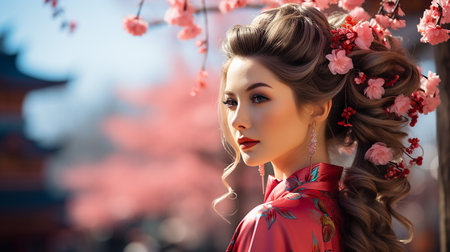Portrait of a beautiful young woman in a red kimono at cherry blossom time.の素材