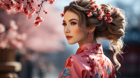 Portrait of a beautiful young woman in a red kimono at cherry blossom time.の素材