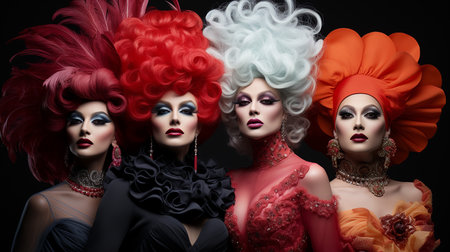 Three drag queens with bright make-up and red and black hair.の素材