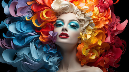 Portrait of a beautiful woman with bright make-up and creative hairstyle.の素材