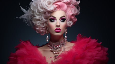 Portrait of a beautiful woman with pink hair and professional make-upの素材