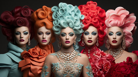 Fashionable women with hairstyle and make-up in studioの素材