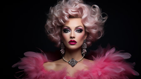 Closeup portrait of beautiful woman with pink curly hair. Luxury makeup and hairstyle. Fashion photo.の素材
