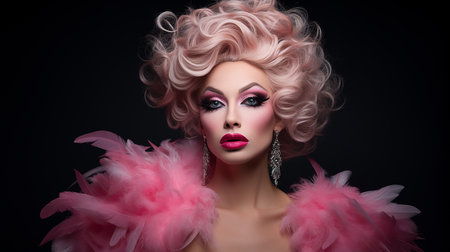 Portrait of beautiful young woman with bright makeup and pink feather boaの素材