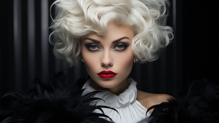 Portrait of a beautiful blonde woman with white curly hair and black feather boaの素材