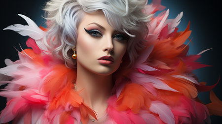 Fashion portrait of beautiful blonde woman with bright make-up and feather boaの素材