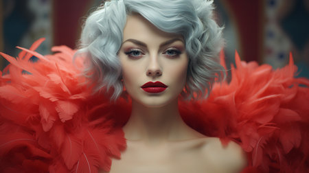Beautiful blonde woman in red feather boa. Portrait of a beautiful girl with red lips. Beauty, fashion.の素材