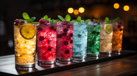 Alcohol cocktail drink on the table in bar. Cocktails with lime, raspberries and mint.の素材