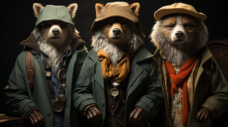 Three dogs dressed up as safari travelers. 3d illustration.の素材
