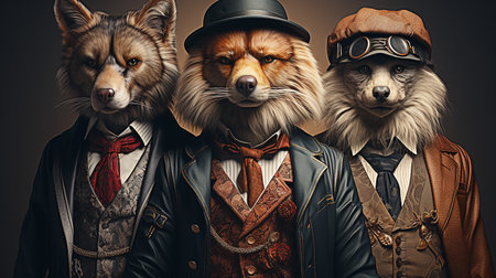 Portrait of a team of dogs dressed as aviator, pilot and steampunk.の素材