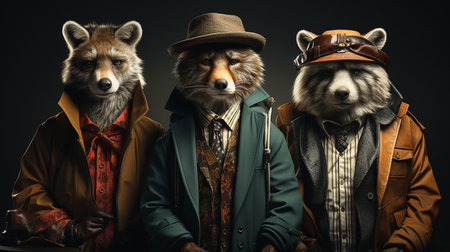 Three foxes dressed in vintage costumes and hats. studio shotの素材