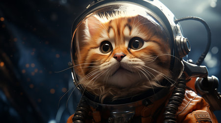 Cute ginger cat in an astronaut helmet on a dark background.の写真素材