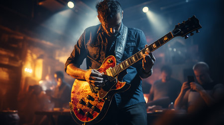 Guitarist playing the electric guitar on the stage with smoke in the backgroundの写真素材