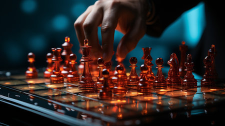 Close-up of a man playing chess on a dark background.の写真素材