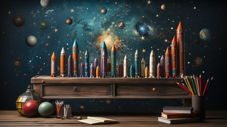 Back to school concept with books, pencils and rocket on wooden tableの写真素材