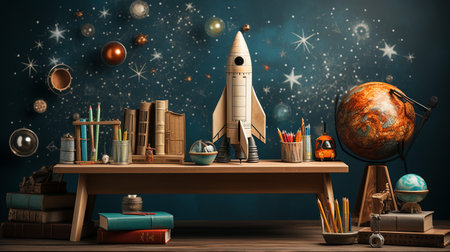 Rocket, books and other stationery on wooden table. Space themeの写真素材