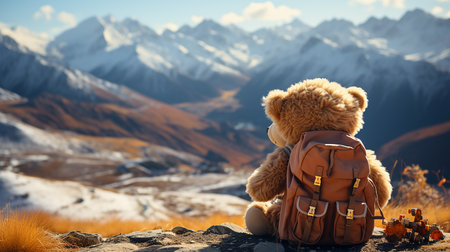 Teddy bear with backpack sitting on a rock in the mountains.の写真素材