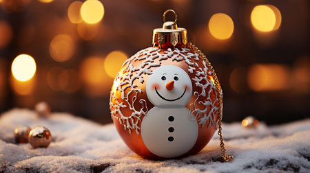 Christmas decoration with snowman on bokeh background. Christmas greeting card.の写真素材