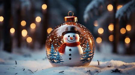 Snowman and Christmas ball on snow with bokeh backgroundの写真素材