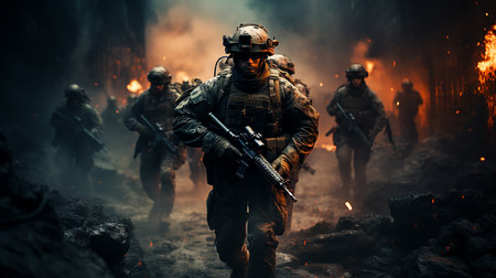 Special forces soldiers in the smoke and fire. Selective focus.の写真素材